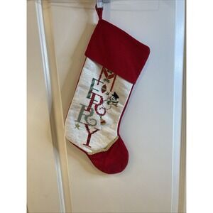 C&F Needlepoint Christmas Stocking "Merry" Snowman 19"X7" Gold Cord Red Velvet